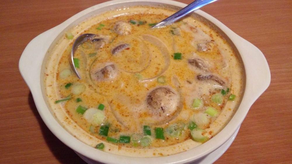 Tom Kha (Coconut Milk Soup) · Sliced meat with lemongrass, galangal, kafir leaves and mushroom, green onions, cilantro, fresh lime juice in coconut milk.