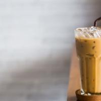 Iced Chagaccino · Chaga mushroom, cacao, vanilla, and cinnamon sweetened by Monk fruit with espresso and steam...