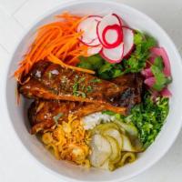 Long Beach Sticky Spare Rib Bowl · Sticky ribs, cilantro, radish, pickled cucumbers, pickled red onion, scallions, carrots, fri...