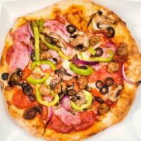 Combination · Salami, Pepperoni, Mushrooms, Onions, Olives, Bell Peppers, Beef, Sausage, Linguica with Cla...
