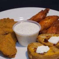 Appetizer Sampler · Five jumbo Buffalo wings, two potato skins, and three breaded chicken tenders served with ra...