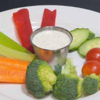 Raw Veggie Plate · Carrot sticks, broccoli, celery, cucumbers, tomatoes, and bell peppers served with ranch or ...