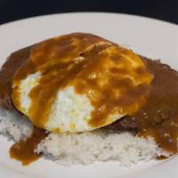 Loco Moco · A Hawaiian favorite! Rice topped with two 100% ground beef patties, two eggs cooked over-eas...
