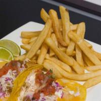 Fish Tacos · Two beer battered fish fillets served on corn tortillas with melted cheese, chipotle sauce, ...