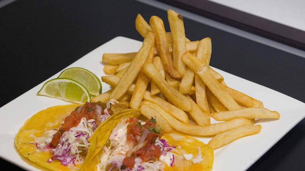 Fish Tacos · Two beer battered fish fillets served on corn tortillas with melted cheese, chipotle sauce, pico de gallo, shredded cabbage, cilantro, and feta cheese. Served with fries or coleslaw.