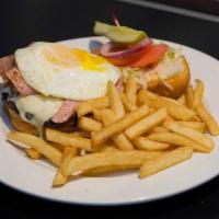 Ham And Egg Burger · Topped with pepper jack cheese, a fried egg, thinly sliced ham, and chipotle mayo.