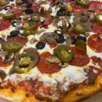 Bullpen Pizza · Pepperoni, sausage, jalapeños, mushrooms, olives and mozzarella cheese