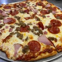 Meat Lovers Pizza · Pepperoni, sausage, ham, Canadian bacon, ground beef and cheese.