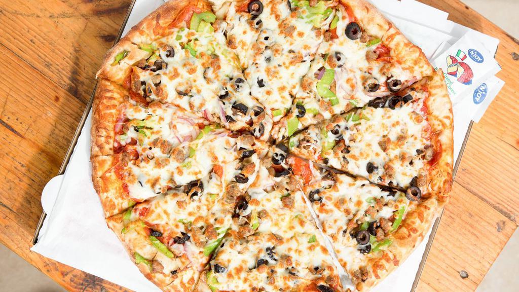 Supreme Pizza  · Pizza sauce, mozzarella cheese, pepperoni, sausage, mushroom, black olive, onion and bell pepper.