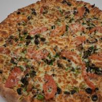 Veggie Combo Pizza · Pizza sauce, mozzarella cheese, mushroom, red onion, bell peppers, black olive and tomato.