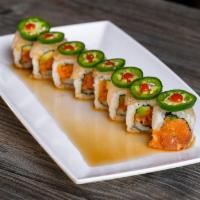 Albacore Attack Roll · IN: spicy tuna, avocado
TOP: albacore tuna, jalapeno
ponzu, hot sauce