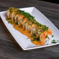 Spicy Cilantro Roll · In: shrimp tempura, imitation crab,  avocado
Top: spicy imitation crab and cilantro.
