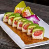 Green Aqua Roll (No Rice) · IN: tuna, salmon, yellowtail, imitation crab wrapped with soy paper
TOP: avocado
ponzu sauce