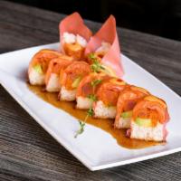 Pink  Panda Roll (No Rice) · IN: spicy tuna, avocado, imitation crab wrapped with soy paper
TOP: salmon. 
mustard seed dr...
