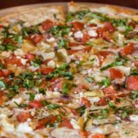 Greek Pizza · Olive oil, garlic, mozzarella and feta cheeses, red onions, roma tomatoes, parmesan cheese, ...