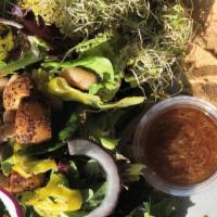 Greek Buddha Salad (Vegan) · With roasted potatoes, cannellini beans, arugula, mixed greens, red onion, red wine vinaigre...