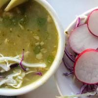 Pozole Verde · ORGANIC CHICKEN IN A MILD GREEN CHILE BROTH W/MEXICAN SPICES. HOMINY, AVOCADO, CABBAGE, TORT...