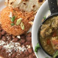 Chile Verde · SLOW COOKED NATURAL PORK IN A COMPLEX POBLANO SAUCE, RICE AND BEANS, TORTILLAS