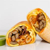 Meat Lovers Breakfast Burrito · 3 fresh cracked, cage-free scrambled eggs, melted Cheddar cheese, smokey bacon, pork sausage...