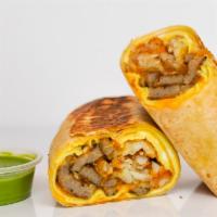 Sausage, Egg And Cheddar Breakfast Burrito · 3 fresh cracked, cage-free scrambled eggs, melted Cheddar cheese, seared pork sausage pattie...