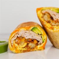 Smoked Turkey, Avocado, Egg, And Cheddar Breakfast Burrito · 3 fresh cracked, cage-free scrambled eggs, melted Cheddar cheese, sliced smoked deli turkey,...