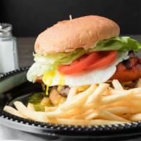 Bill'S Burger · A fresh homemade burger topped American cheese, a hot link and an over easy egg.