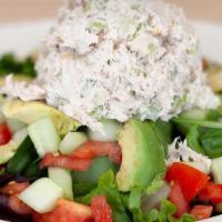 Albacore Tuna Salad · Mixed greens topped with a scoop white albacore tuna, avocados, sliced cucumbers, tomatoes, ...