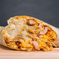 Colossal Breakfast Burrito · Flour tortilla with scrambled eggs, hash browns, bacon, sausage, ham, chorizo, cheddar chees...