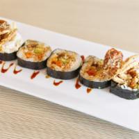 Spider Roll (5 Pieces) · Deep fried soft shell crab, imitation crab mixed with mayo, masago, avocado, gobo, cucumber ...