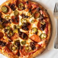 Chorizo Pizza · Pepperoni, chorizo, jalapenos.