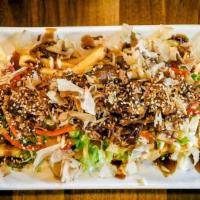 Okonomi Fries · French Fries with sweet brown sauce , mayo, green onion, red ginger, bonito flake, shredded ...