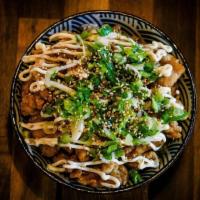Chicken Mayo Bowl · A bowl of rice topped with Honey Garlic Chicken, mayo, green onion and sesame seed