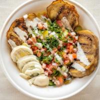 Sabih 🍆  · Hummus, slices of fried eggplant, hard-boiled egg, pickles, cucumbers, tomatoes, tahini sauc...
