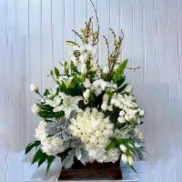 True Sympathy  · White Roses, Asiatic Lilies, White Hydrangea, Monstera Leaves and T-leaves, White Phalaenops...