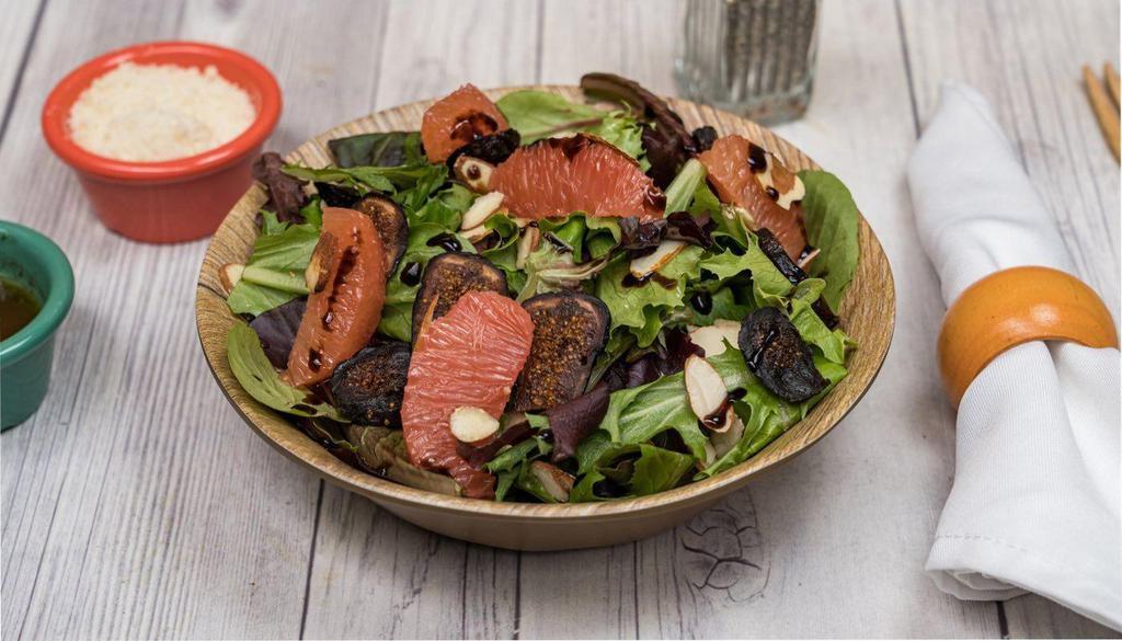 Figs & Almonds · Mixed greens, figs, almond chips and balsamic vinegar and grapefruit