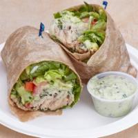 Chicken Wrap · Chicken, lettuce, tomato, cucumber, pickle, fresh basil and house dressing.