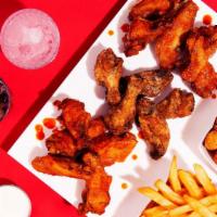 The Zak · 12 crispy fried chicken wings with a choice of 2 sides.