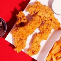 The Jake · 4 crispy fried chicken tenders Dipped in Sauce with a choice of side and a drink!