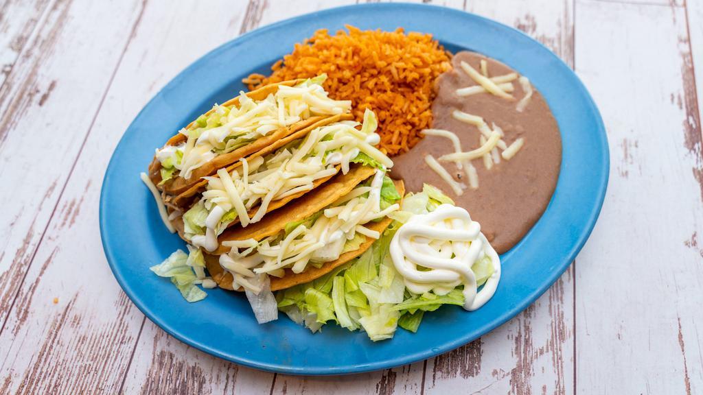 Three Crispy Taco Plate · Three hard shell tacos filled with your choice of meat, lettuce, cheese and sour cream.