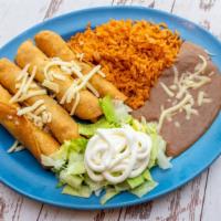 Taquitos Plate · Four rolled and fried taquitos filled with your choice of meat and topped with cheese.