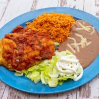 Chile Relleno Plate · Fried green chile stuffed with cheese and topped with our homemade mild salsa and served wit...