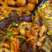 Spicy Eggplant Chicken Comb · Spicy Eggplant with fried rice, noodle, sweet & sour chicken.