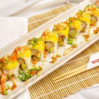 Bitchy Bitchy Roll · Inside: shrimp tempura, jalapeno, avocado, spicy mayo. Outside: mango with sweet and spicy c...
