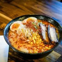 Kara-Miso Ramen · The original smooth and rich pork based soup with thick noodle. Flavored with Fukumi origina...