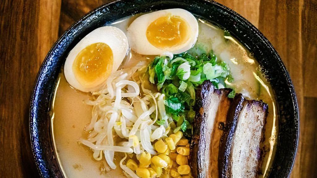 Tonkotsu Miso Ramen · The original smooth and rich pork based soup with thick noodle, Flavored with Fukumi original blended miso topped with corn, pork belly chashu, seasoned egg, green onion and sprouts