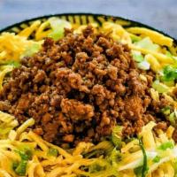 Soboro Bowl* · A bowl of rice topped with sweet ground pork, egg and green onion