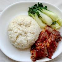 Honey Bbq Pork Over Rice 蜜汁叉烧饭 · Steamed White Rice, Honey BBQ Pork & Bok Choy
