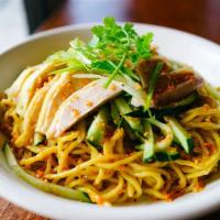 Ma Jiang Chicken Noodle · Taiwanese style sesame noodle, organic Hainan chicken, cucumber, scallion, house-made Ma Jia...