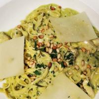 Trenette Alla Genovese · Fresh homemade pasta with pesto, pine nuts, a touch of cream and parmigiano. Add Mary's free...