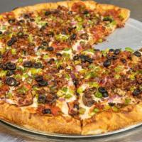 Veggie Delight · Red sauce, cheese, mushrooms, onions, tomatoes, bell pepper, olives, artichoke hearts.